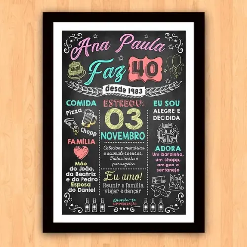 Chalkboard Quadro Poster Aniversário 40 Anos A3 30x42cm