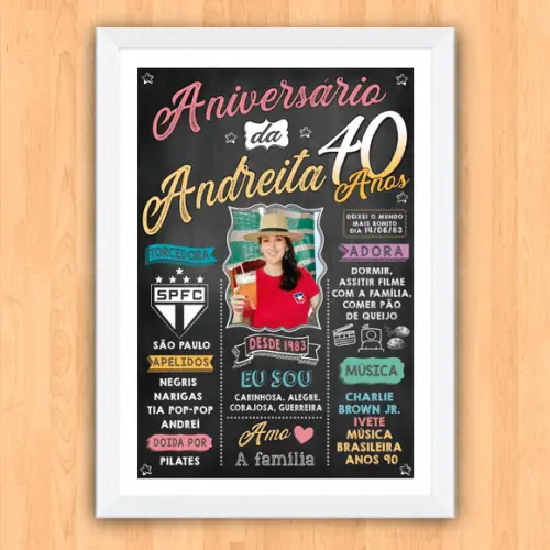 Chalkboard Quadro Poster Aniversário 40 Anos A3 30x42cm