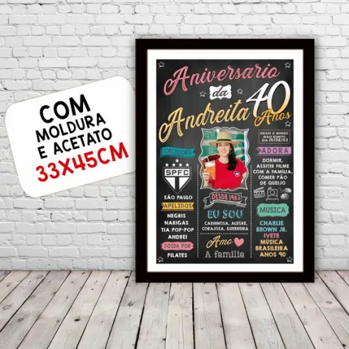 Chalkboard Quadro Poster Aniversário 40 Anos A3 30x42cm