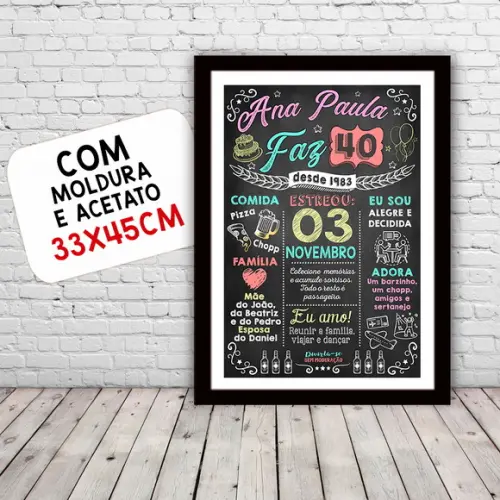 Chalkboard Quadro Poster Aniversário 40 Anos A3 30x42cm