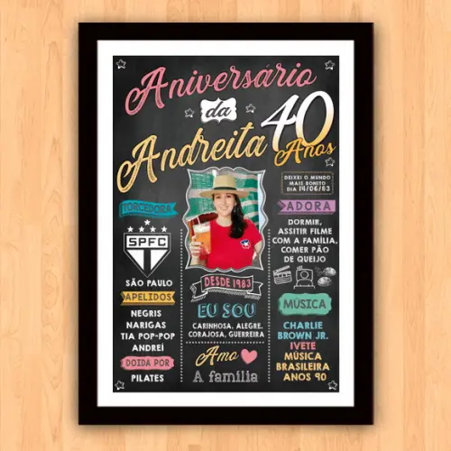Chalkboard Quadro Poster Aniversário 40 Anos A3 30x42cm