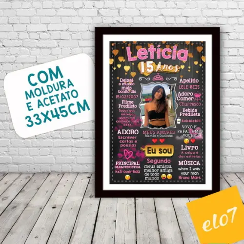 Chalkboard Quadro Poster C/ Moldura 15 Anos A3 30x42cm