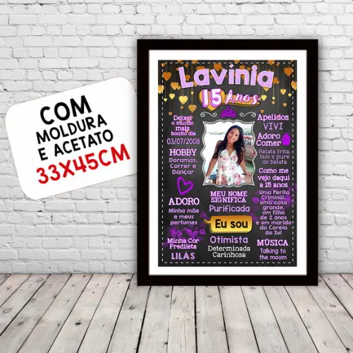 Chalkboard Quadro Poster c/ Moldura 15 Anos Lilás A3 30x42cm