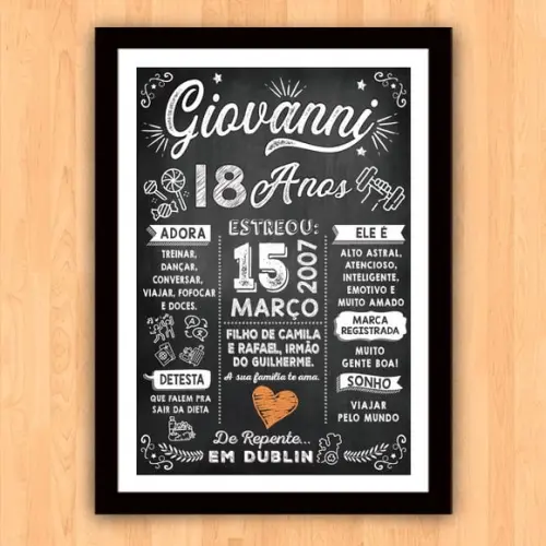 Chalkboard Quadro Poster c/ Moldura 18 Anos A3 30x42cm