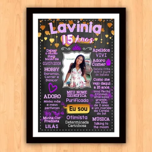 Chalkboard Quadro Poster c/ Moldura 15 Anos Lilás A3 30x42cm
