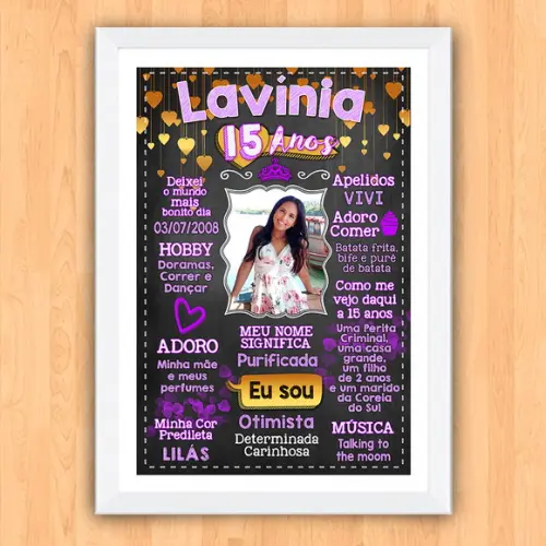 Chalkboard Quadro Poster c/ Moldura 15 Anos Lilás A3 30x42cm
