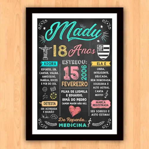 Chalkboard Quadro Poster c/ Moldura 18 Anos A3 30x42cm