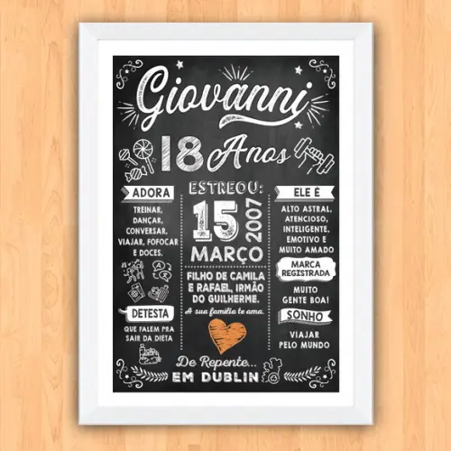 Chalkboard Quadro Poster c/ Moldura 18 Anos A3 30x42cm