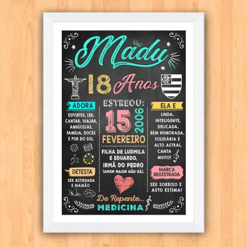 Chalkboard Quadro Poster c/ Moldura 18 Anos A3 30x42cm
