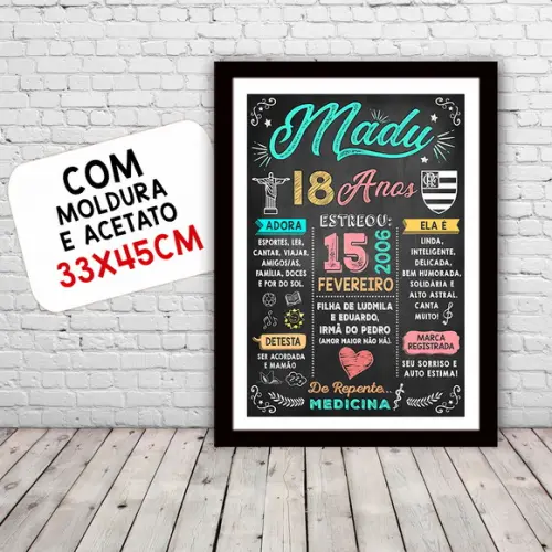Chalkboard Quadro Poster c/ Moldura 18 Anos A3 30x42cm
