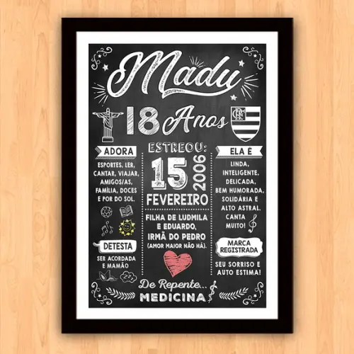 Chalkboard Quadro Poster c/ Moldura 18 Anos A3 30x42cm