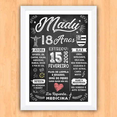 Chalkboard Quadro Poster c/ Moldura 18 Anos A3 30x42cm