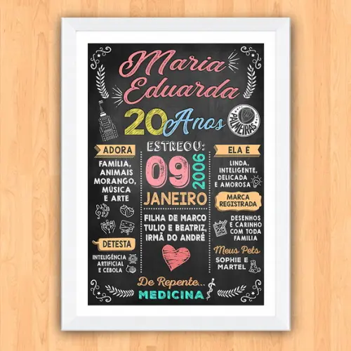 Chalkboard Quadro Poster c/ Moldura 20 Anos A3 30x42cm