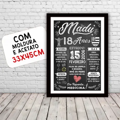 Chalkboard Quadro Poster c/ Moldura 18 Anos A3 30x42cm
