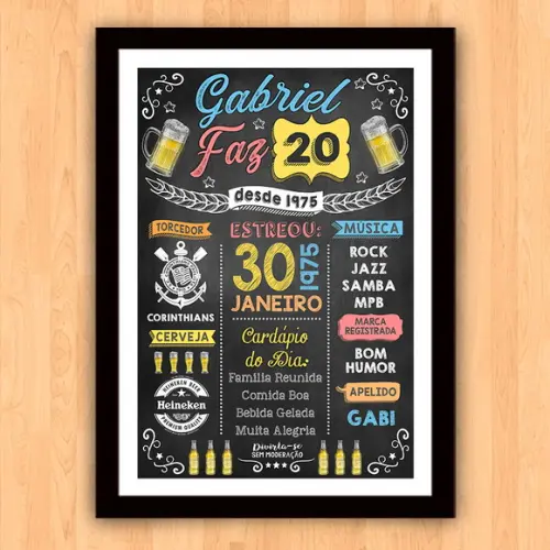 Chalkboard Quadro Poster c/ Moldura 20 Anos A3 30x42cm