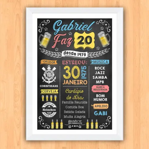 Chalkboard Quadro Poster c/ Moldura 20 Anos A3 30x42cm