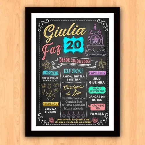 Chalkboard Quadro Poster c/ Moldura 20 Anos A3 30x42cm