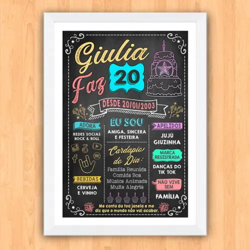 Chalkboard Quadro Poster c/ Moldura 20 Anos A3 30x42cm