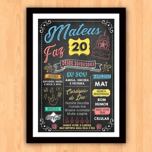 Chalkboard Quadro Poster c/ Moldura 20 Anos A3 30x42cm