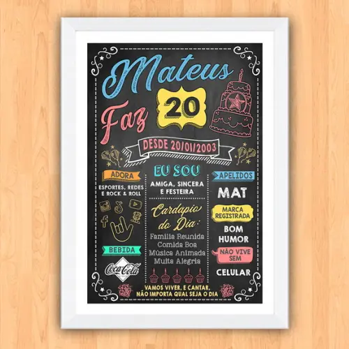 Chalkboard Quadro Poster c/ Moldura 20 Anos A3 30x42cm
