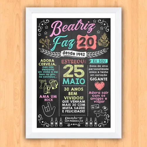 Chalkboard Quadro Poster c/ Moldura 20 Anos A3 30x42cm