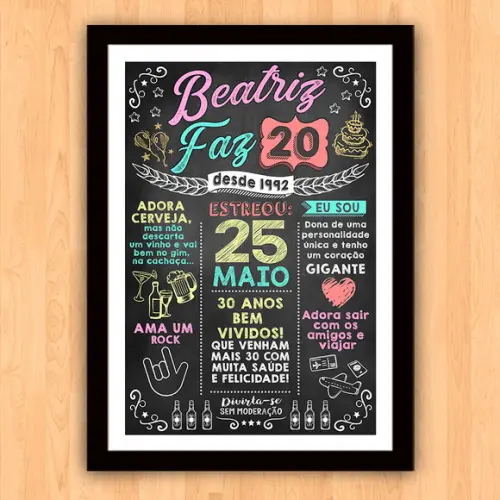 Chalkboard Quadro Poster c/ Moldura 20 Anos A3 30x42cm