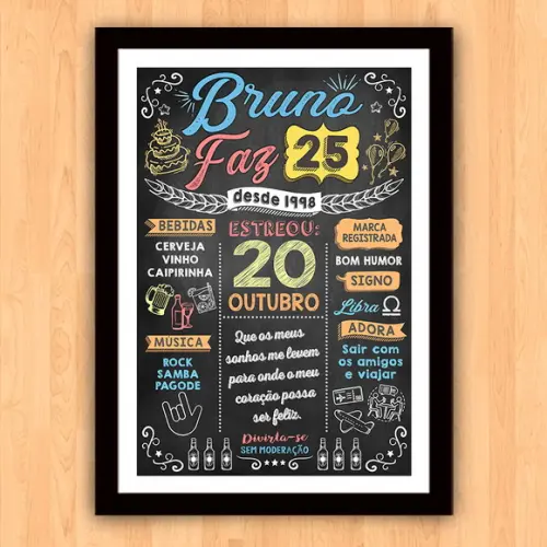 Chalkboard Quadro Poster c/ Moldura 25 Anos A3 30x42cm
