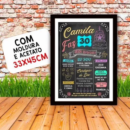 Chalkboard Quadro Poster c/ Moldura 30 Anos A3 30x42cm