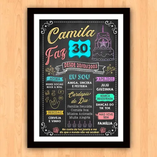 Chalkboard Quadro Poster c/ Moldura 30 Anos A3 30x42cm