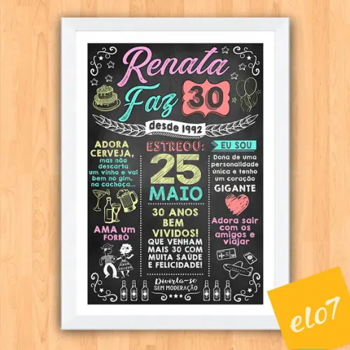 Chalkboard Quadro Poster C/ Moldura 30 Anos A3 30x42cm