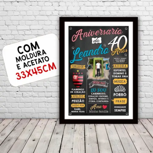 Chalkboard Quadro Poster c/ Moldura 40 Anos A3 30x42cm