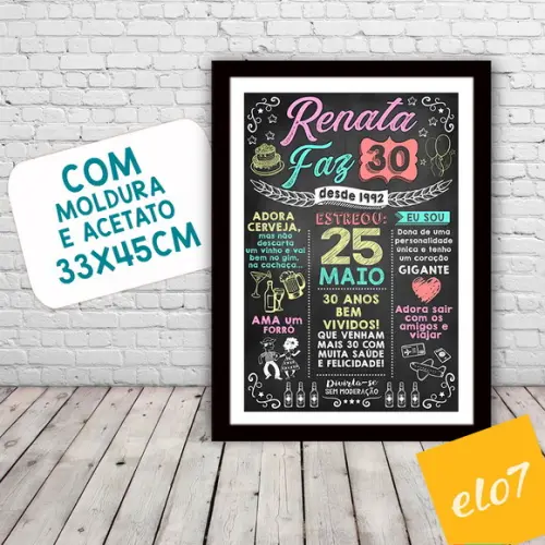 Chalkboard Quadro Poster C/ Moldura 30 Anos A3 30x42cm