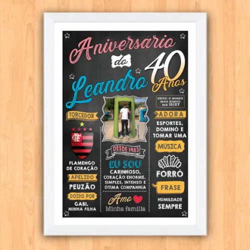 Chalkboard Quadro Poster c/ Moldura 40 Anos A3 30x42cm