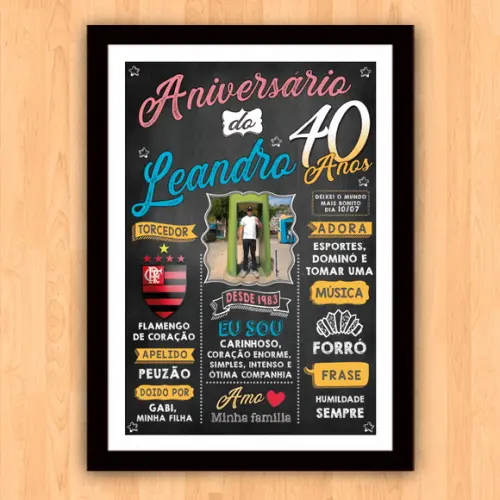 Chalkboard Quadro Poster c/ Moldura 40 Anos A3 30x42cm