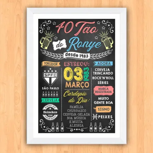 Chalkboard Quadro Poster c/ Moldura 40 Anos A3 30x42cm