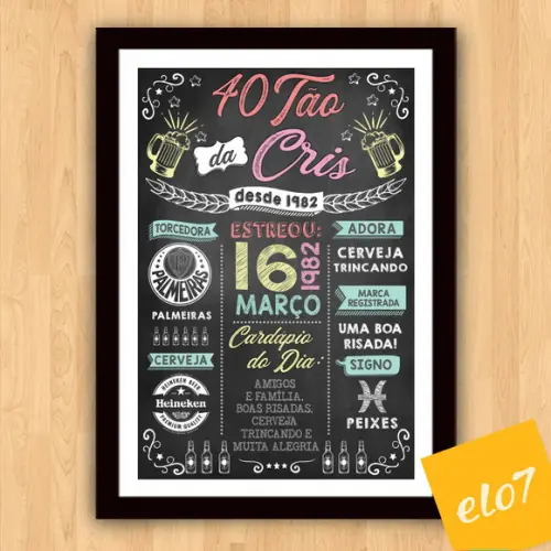 Chalkboard Quadro Poster C/ Moldura 40 Anos A3 30x42cm
