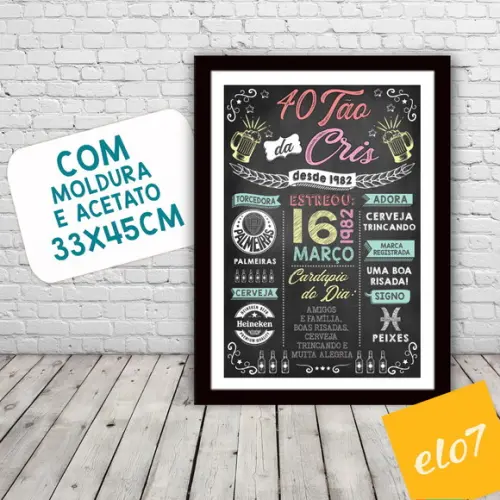 Chalkboard Quadro Poster C/ Moldura 40 Anos A3 30x42cm