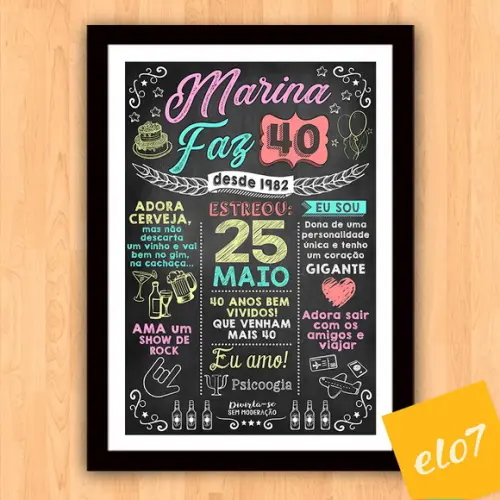 Chalkboard Quadro Poster C/ Moldura 40 Anos A3 30x42cm