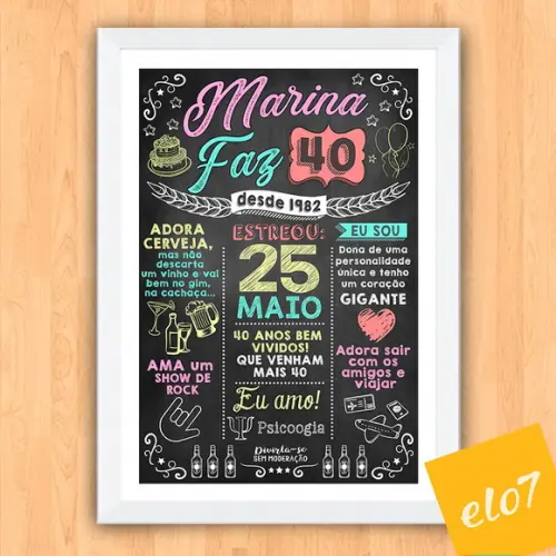 Chalkboard Quadro Poster C/ Moldura 40 Anos A3 30x42cm