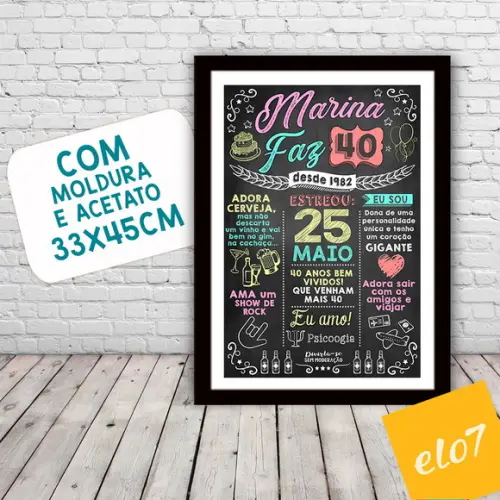 Chalkboard Quadro Poster C/ Moldura 40 Anos A3 30x42cm