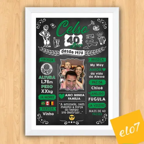 Chalkboard Quadro Poster C/ Moldura 40 Anos A3 30x42cm
