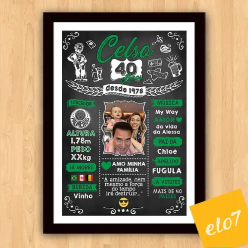 Chalkboard Quadro Poster C/ Moldura 40 Anos A3 30x42cm