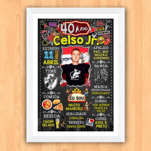 Chalkboard Quadro Poster c/ Moldura 40 Anos Rock And Roll