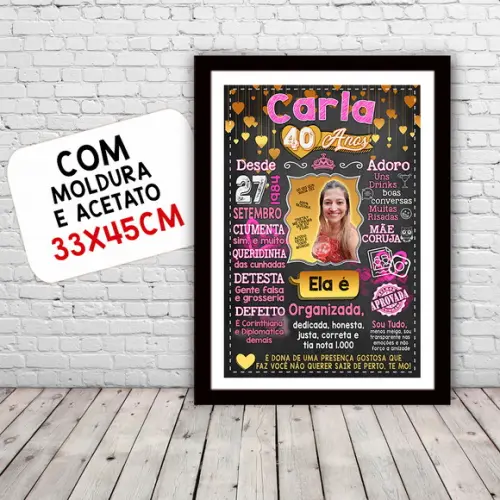 Chalkboard Quadro Poster c/ Moldura 40 Anos Rosa Dourado