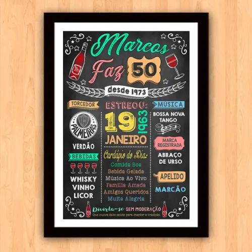 Chalkboard Quadro Poster c/ Moldura 50 Anos A3 30x42cm