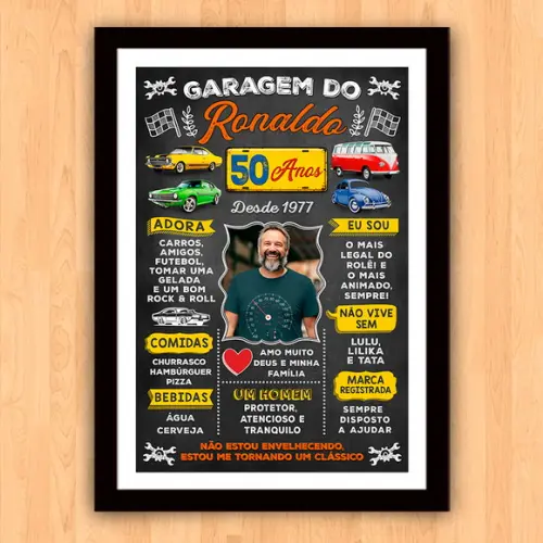 Chalkboard Quadro Poster c/ Moldura 50 Anos Carros A3