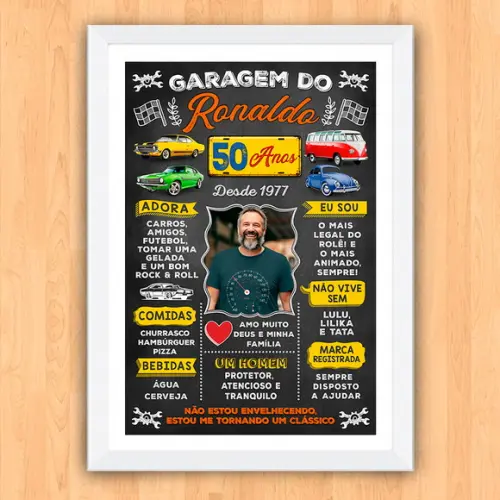 Chalkboard Quadro Poster c/ Moldura 50 Anos Carros A3