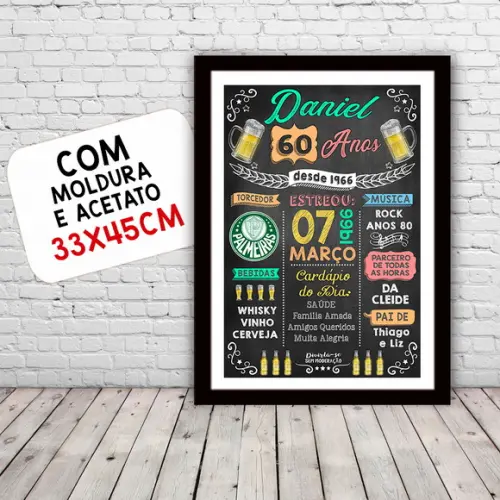 Chalkboard Quadro Poster c/ Moldura 60 Anos A3 30x42cm