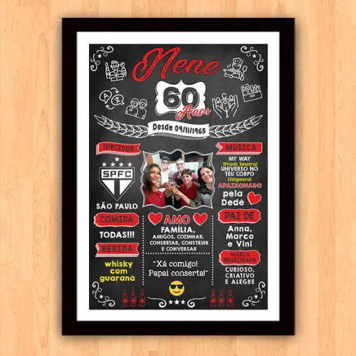 Chalkboard Quadro Poster c/ Moldura 60 Anos A3 30x42cm