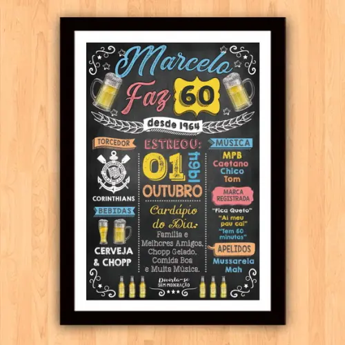 Chalkboard Quadro Poster c/ Moldura 60 Anos A3 30x42cm